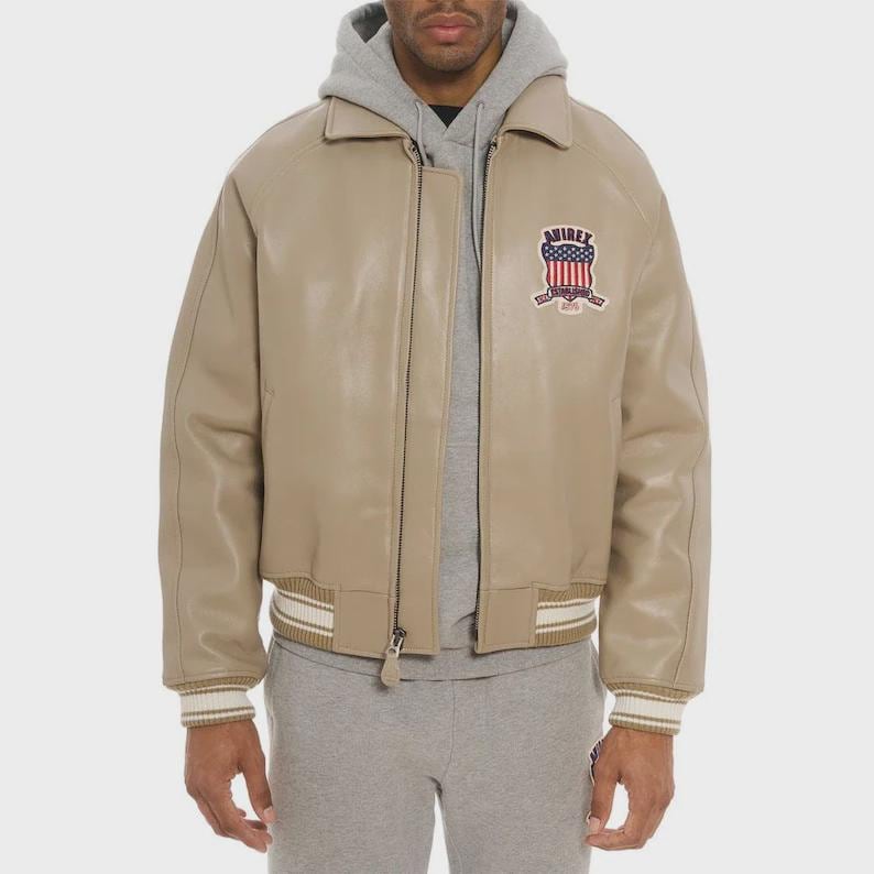 AVIREX Beige Leather Bomber Jacket: Vintage Flight Aviator Streetwear Coat image 1