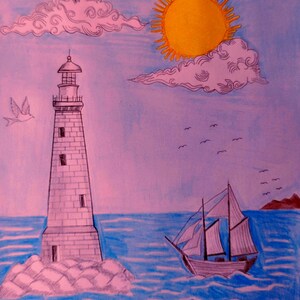 Speelse vuurtoren muurdecoratie, nautische fantasie kunstprint, illustratie van een zeilboot en zeemonster, zeethema decoratie voor de kinderkamer, schattige Kraken poster, Dig