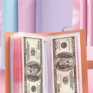 Puede incluir: Una cartera tipo sobre de color canela con un organizador interior de plástico transparente que contiene varios billetes de cien dólares. Al fondo, se ven tres carteras cerradas adicionales en azul claro, rosa y lavanda.
