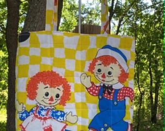 Vintage Raggedy Ann and Andy Quilted Puffy One of a Kind Tote Bag