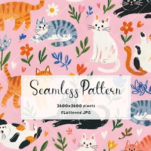Sömlöst mönster med söt katt | Digitalt papper med rosa kattungar | Nyckfullt katttryck | Blommönster med husdjur | JPG-nedladdning
