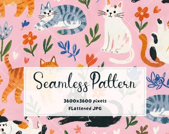 Cute Cat Seamless Pattern | Pink Kitty Digital Paper | Whimsical Cat Print | Floral Pet Pattern | JPG Download