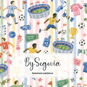 Football Seamless Pattern | Soccer Watercolor Digital Paper | Sports Kids Pattern | Soccer Player Background | Match Day JPG Download