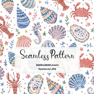 May include: A seamless pattern featuring watercolor illustrations of blue and pink seashells, red lobsters, red crabs, and seahorses on a white background. The center text reads Seamless Pattern 3600x3600 pixels FLattened JPG.