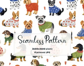 Dogs in Sweaters  Seamless Pattern | Watercolor Puppy Digital Paper | Whimsical Dogs Print | Pet Lover Repeat Pattern | JPG Download