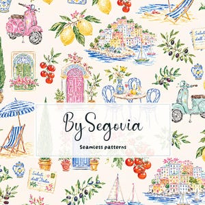 Italian Summer Seamless Pattern | Mediterranean Coastal Digital Paper | Sketch Italy Pattern | Lemon Vespa Travel Background | Amalfi Design