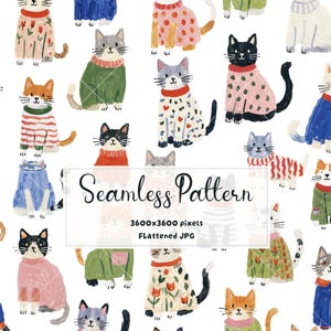 Patrón sin costuras de gatos adorables / Papel digital de gatos con suéter / Estampado de gatitos acogedores / Patrón repetitivo para amantes de los gatos / Descarga JPG