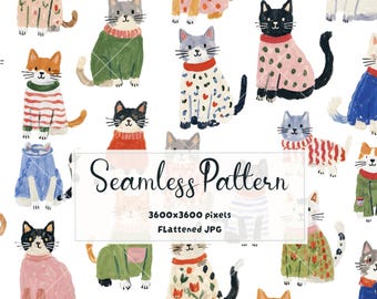 Cute Cat Seamless Pattern | Sweater Cats Digital Paper | Cozy Kitty Print | Cat Lover Repeat Pattern | JPG Download