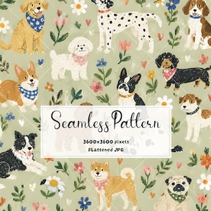 May include: A seamless pattern featuring various dog breeds including a golden retriever, dalmatian, and pug on a sage green background with flowers and hearts. A white rectangular overlay displays the text Seamless Pattern 3600x3600 pixels FLattened JPG.