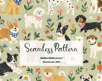 Cute Dog Seamless Pattern | Whimsical Puppy Digital Paper | Pet Lover Pattern | Colorful Dog Breeds Printable Pattern | JPG Download
