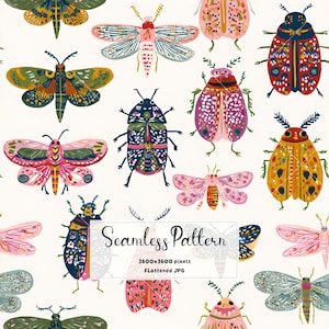 Op de afbeelding: Een naadloos patroon met diverse kleurrijke insecten, waaronder motten en kevers in tinten roze, geel, blauw en groen op een witte achtergrond. De tekst luidt Seamless Pattern 3600x3600 pixels Flattened JPG.