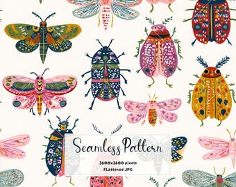 Insect Seamless Pattern | Beetle Digital Paper | Colorful Bug Pattern | Botanical Nature Fabric Print | Entomology Scrapbook | JPG