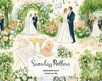 Watercolor Wedding Seamless Pattern | Romantic Bridal Vintage Sketch Digital Paper | Elegant Wedding Repeat Pattern JPG Print
