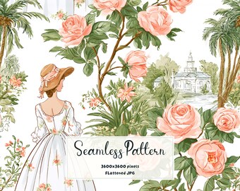 Romantic Lady Floral Seamless Pattern | Watercolor Woman Vintage Roses | Proud Prejudiced Fabric & Wallpaper Print Shabby Digital Paper JPG