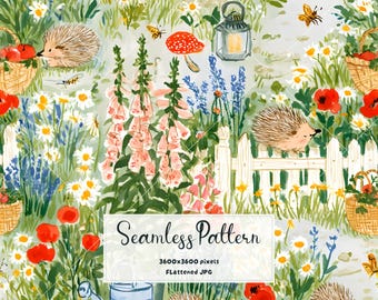 Watercolor Hedgehog Seamless Pattern | Woodland Garden Fabric Print  Cute Hedgehog Wallpaper Print | Nature Digital Scrapbook Paper JPG