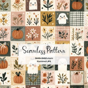 Halloween Patchwork Seamless Pattern | Cute Ghost Pumpkin Digital Paper | Autumn Quilt Squares JPG | Watercolor Fall Fabric Cozy Cottagecore