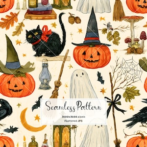 May include: A seamless pattern illustration featuring black cats with red bows, jack-o'-lanterns wearing witch hats, white ghosts, broomsticks, bats, mushrooms, lanterns, and ravens. The image includes the text Seamless Pattern 3600x3600 pixels Flattened JPG.