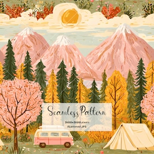 May include: A seamless pattern illustration featuring pink snow-capped mountains, a yellow sun, evergreen trees, and autumn foliage. A pink camper van and a white tent are positioned in the foreground. Text reads Seamless Pattern 3600x3600 pixels Flattened JPG.