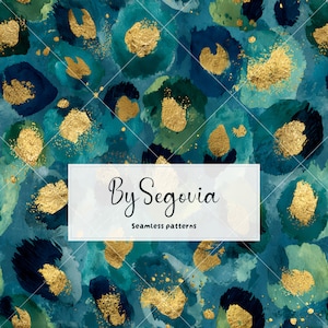 Puede incluir: Un patrón sin costuras con pinceladas de acuarela abstractas en verde azulado, azul oscuro y verde, superpuestas con acentos de pan de oro texturizados. Un recuadro blanco central muestra el texto negro By Segovia Seamless patterns.