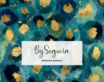 Seamless Abstract Watercolor Pattern | Teal Blue Gold Digital Paper | Luxury Ink Texture Print | Modern Repeat Pattern Design Art