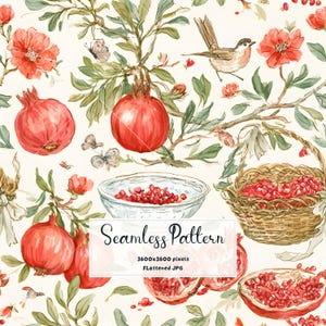 Op de afbeelding: Een naadloos patroon met aquarelillustraties van rode granaatappels, groene bladeren, kleine vogels en vlinders. Bevat een gevlochten mand gevuld met granaatappelpitjes, een witte kom en de tekst Seamless Pattern 3600x3600 pixels.