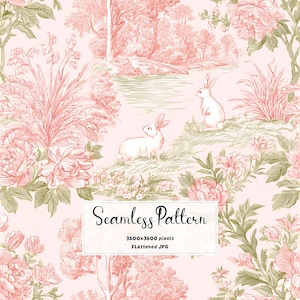 Puede incluir: Un patrón sin costuras con fondo rosa claro que presenta ilustraciones detalladas de conejos, arreglos florales exuberantes y árboles en tonos verde apagado y rosa coral. El texto Seamless Pattern 3600x3600 pixels FLattened JPG está centrado.