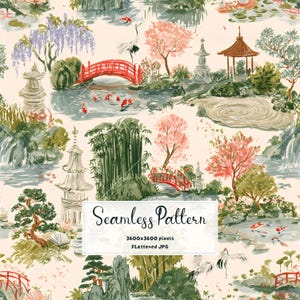 以下が含まれることがあります： 水彩画風の庭園風景が描かれたシームレスパターン。赤いアーチ橋、池の鯉、五重塔、石灯籠、竹、桜の木がクリーム色の背景に配置されています。テキスト：Seamless Pattern 3600x3600 pixels FLattened JPG。
