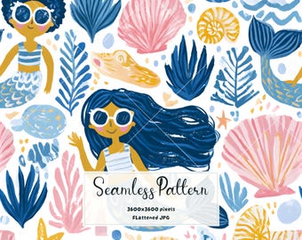 Watercolor Mermaid Seamless Pattern | Cute Mermaid Fabric Print | Under the Sea Wallpaper Print | Ocean Digital Paper JPG