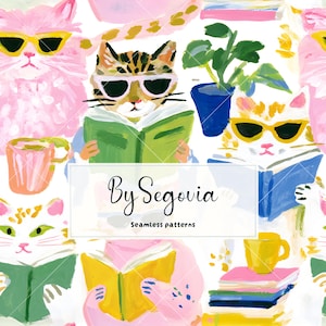 以下が含まれることがあります： サングラスをかけて本を読む猫、鉢植え、マグカップ、積み重ねられた本が描かれたシームレスなパターンのイラスト。中央の白い長方形の枠内に「By Segovia Seamless patterns」というテキストが記載されています。