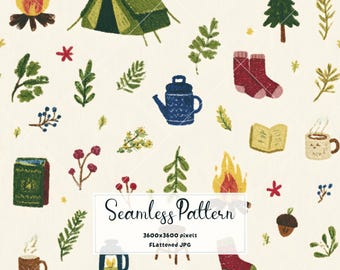 Watercolor Camping Seamless Pattern | Cozy Outdoor Fabric Print | Camping Wallpaper Print | Woodland Digital Paper JPG
