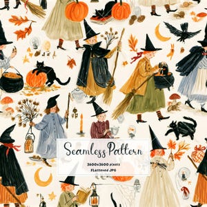 Könnte beinhalten: Ein nahtloses Muster mit Illustrationen von Hexen mit spitzen Hüten, schwarzen Katzen, orangefarbenen Kürbissen, Herbstblättern, Pilzen, Laternen und Mondsicheln. Der Text Seamless Pattern 3600x3600 pixels Flattened JPG ist zentriert.