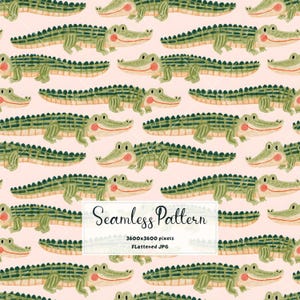 May include: A seamless pattern featuring repeating illustrations of green crocodiles with pink cheeks on a light pink background. A central white rectangular box contains the black text Seamless Pattern 3600x3600 pixels Flattened JPG.