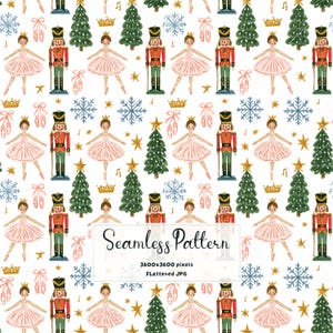 May include: A seamless pattern featuring repeating illustrations of nutcrackers in red and green uniforms, ballerinas in pink tutus, green Christmas trees, gold crowns, blue snowflakes, and pink ballet slippers on a white background.