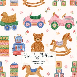 Puede incluir: Un patrón continuo con ilustraciones en acuarela de juguetes que incluyen un oso de peluche marrón, un robot azul, un caballo mecedora de madera, un pato amarillo sobre ruedas, coches de juguete rosas y pilas de bloques coloridos con flores.