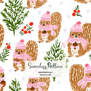 May include: A seamless pattern featuring brown squirrels wearing pink knit hats and scarves, holding brown acorns. The design includes green pine branches with white snow, red berries, and small white snowflakes on a white background.