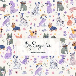 Puede incluir: Un patrón continuo que muestra varias razas de perros en tonos morados, marrones y grises, decorado con pequeñas flores, corazones y estrellas. El texto By Segovia Seamless patterns está centrado en un recuadro blanco sobre la imagen.