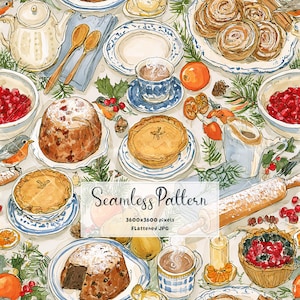 May include: A seamless pattern illustration featuring a festive holiday table setting with tea pots, bowls of red berries, fruit pies, puddings, steaming mugs, pine branches, and a wooden rolling pin, with the text Seamless Pattern 3600x3600 pixels.