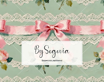 Coquette Bow Seamless Pattern | Vintage Roses & Lace Paper | Romantic Ribbon Pattern | Shabby Chic Floral Background | Cottagecore Fabric