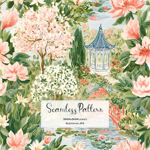 May include: A seamless pattern featuring a painted garden scene with pink and white flowers, green foliage, a blue gazebo, and a red bridge over a pond. A white rectangular label displays the text Seamless Pattern 3600x3600 pixels FLattened JPG.