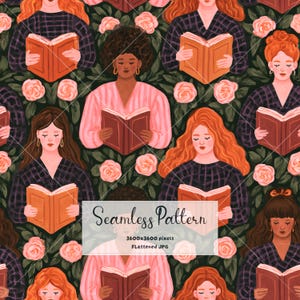 Puede incluir: Un patrón digital continuo con ilustraciones repetidas de diversas personas leyendo libros naranjas, intercaladas con rosas rosadas y hojas verde oscuro. La imagen incluye el texto Seamless Pattern 3600x3600 pixels Flattened JPG.
