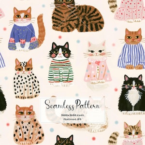 Puede incluir: Un patrón continuo que muestra varios gatos ilustrados con diferentes atuendos, incluyendo camisas a rayas, vestidos de lunares y suéteres, sobre un fondo crema claro con pequeños puntos coloridos y el texto Seamless Pattern 3600x3600 pixels.