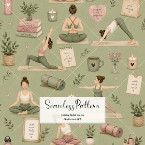 May include: A seamless pattern on a sage green background featuring illustrations of people in various yoga poses, potted plants, lit candles, rolled yoga mats, and framed notes with text including 'progress not perfection' and 'inhale exhale repeat'.