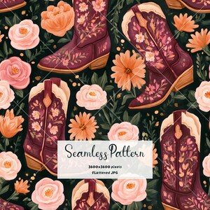 May include: A seamless pattern featuring dark maroon cowboy boots adorned with intricate floral designs in shades of pink and orange, set against a dark green background filled with light pink roses and orange flowers. Text reads Seamless Pattern 3600x3600 pixels.