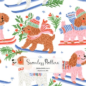 May include: A seamless pattern featuring brown and white dogs wearing winter hats and scarves while skiing on blue and red skis. The illustration includes green pine branches with red berries and small blue stars on a white background.