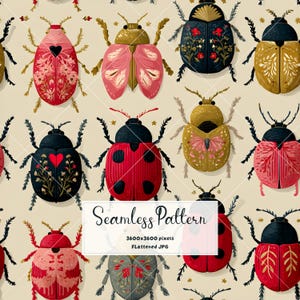 Peut inclure: Un motif répétitif composé de divers coléoptères illustrés sur un fond beige clair. Les insectes présentent des couleurs variées, notamment rouge, rose, noir et doré, avec des motifs floraux, cœurs et géométriques. Le texte indique Seamless Pattern 3600x3600 pixels Flattened JPG.