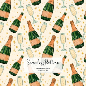 Pode incluir: Um padrão contínuo com ilustrações desenhadas à mão de garrafas de champanhe verdes e taças altas cheias de líquido espumante, sobre um fundo creme com pequenas estrelas amarelas e o texto Seamless Pattern 3600x3600 pixels.