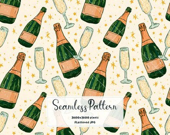 Watercolor Champagne Seamless Pattern | New Year Celebration Fabric & Wallpaper Print | Festive Digital Paper JPG