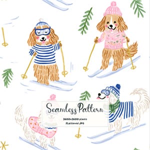 Puede incluir: Un patrón continuo con ilustraciones de perros esquiando sobre un fondo blanco. Los perros llevan ropa de invierno, incluyendo jerséis a rayas, gorros de punto rosa y gafas de esquí. Ramas de pino verdes y bastones de esquí amarillos dispersos.