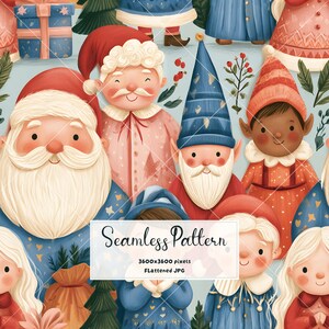 May include: A seamless pattern featuring illustrated Christmas characters including Santa Claus, elves, and gnomes with white beards, wearing hats and winter clothing, interspersed with gift boxes, pine trees, and holly on a light blue background.