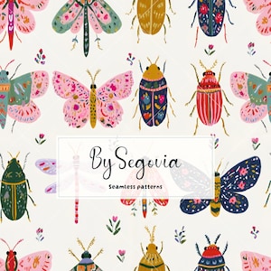 May include: A seamless pattern featuring various colorful insects including butterflies, moths, and beetles in shades of pink, green, yellow, and blue on a cream background. A white rectangular box contains the text By Segovia Seamless patterns.